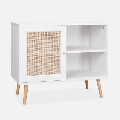 Meuble de rangement en cannage 80x39x65.8cm  Bohème - Blanc -  2 niveaux - 1 porte -  pieds scandinaves. buffet bas