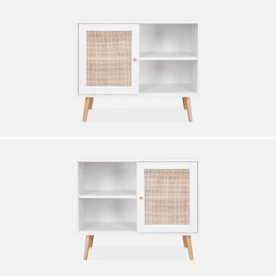 Meuble de rangement en cannage 80x39x65.8cm  Bohème - Blanc -  2 niveaux - 1 porte -  pieds scandinaves. buffet bas