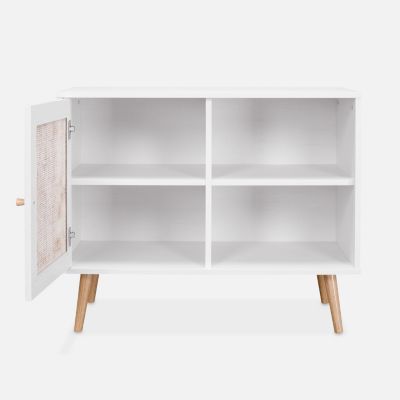 Meuble de rangement en cannage 80x39x65.8cm  Bohème - Blanc -  2 niveaux - 1 porte -  pieds scandinaves. buffet bas