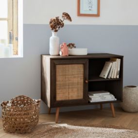 Meuble de rangement en cannage 80x39x65.8cm  Bohème - couleur bois foncé -  2 niveaux - 1 porte -  pieds scandinaves