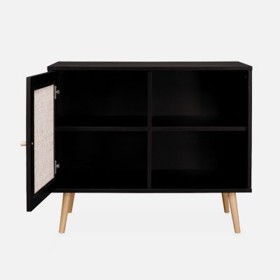 Meuble de rangement en cannage 80x39x65.8cm  Bohème - Noir -  2 niveaux - 1 porte -  pieds scandinaves. buffet bas