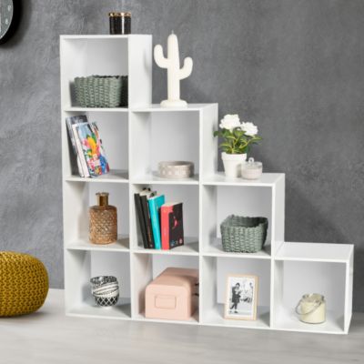 Meuble de rangement en escalier LIAM 4 niveaux bois blanc + fond blanc