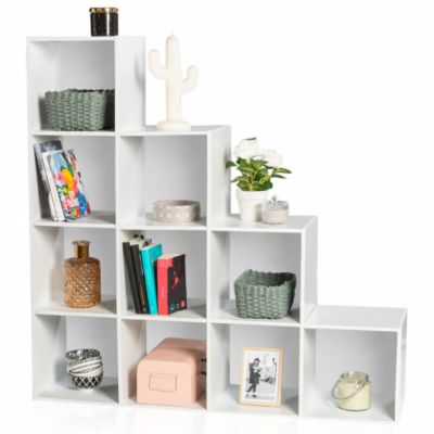 Meuble de rangement en escalier LIAM 4 niveaux bois blanc + fond blanc
