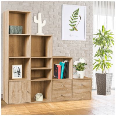 Meuble de rangement en escalier LIAM 4 niveaux bois façon hêtre avec porte et tiroirs