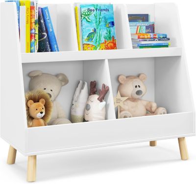 Meuble de Rangement Enfant Bibliothèque Enfant en Bois à 2 Niveaux pour Livres Jouets Coins Arrondis Anti basculement