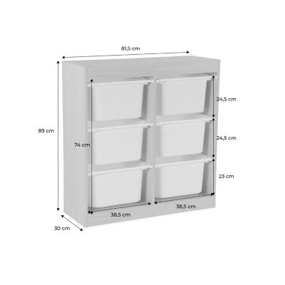 Meuble de rangement enfant. blanc. 6 bacs de rangement en plastique