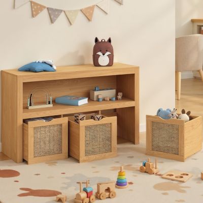 Meuble de rangement enfant EDHEN bois et cannage 3 tiroirs cubes sur roulettes