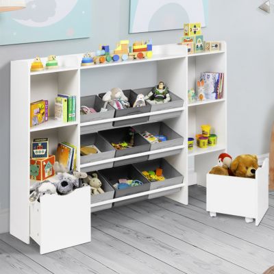 Meuble de rangement enfant MANA 7 étagères, 9 bacs en tissu et 2 cubes sur roulettes blanc