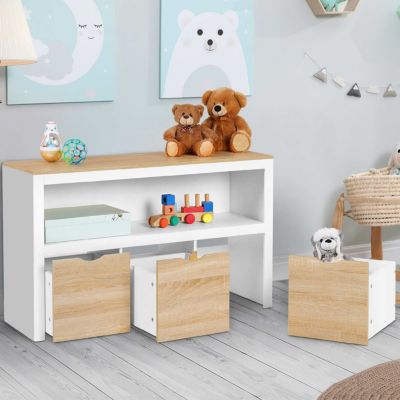 Meuble de rangement enfant MANA en bois blanc et hêtre 3 tiroirs cubes sur roulettes