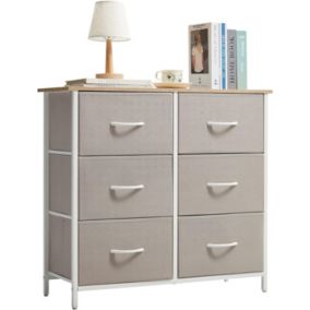 Meuble de Rangement Gris Clair - Commode - 6 Tiroirs Tissu - Cadre en Acier - Surface en Bois - Salon Couloir Chambre