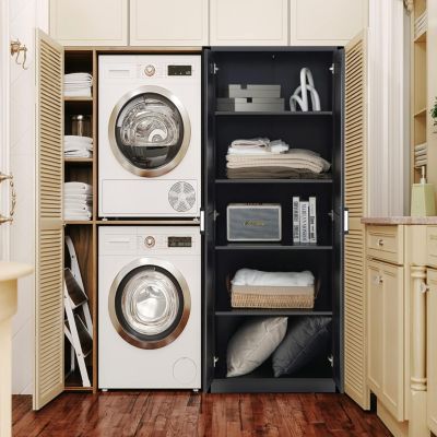 Meuble de Rangement Haute à 5 Niveaux Meuble Autoportant avec Doubles Portes et étagères Ajustables Antibasculement Noir
