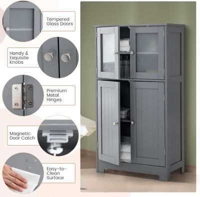 Meuble de Rangement Placard Buffet sur Pied avec Etagère Réglable avec 4 Portes et Verre Trempé Gris