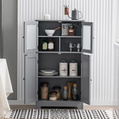 Meuble de Rangement Placard Buffet sur Pied avec Etagère Réglable avec 4 Portes et Verre Trempé Gris