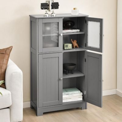 Meuble de Rangement Placard Buffet sur Pied avec Etagère Réglable avec 4 Portes et Verre Trempé Gris