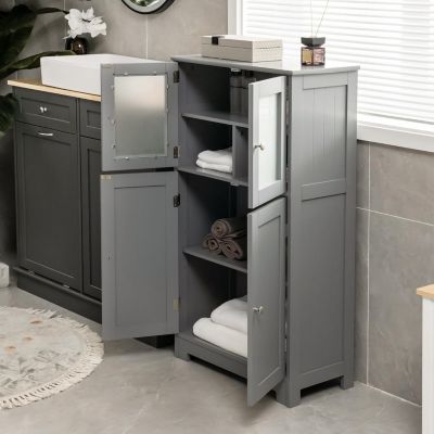 Meuble de Rangement Placard Buffet sur Pied avec Etagère Réglable avec 4 Portes et Verre Trempé Gris