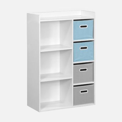 Meuble de rangement pour enfant avec 7 compartiments et 2 paniers bleus et 2 paniers gris en velours