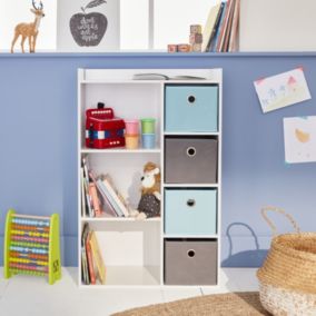 Meuble de rangement pour enfant. blanc - Camille - avec 7 compartiments et 4 paniers gris et bleus