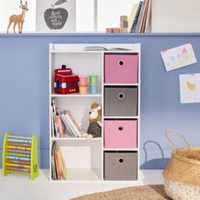 Meuble de rangement pour enfant. blanc - Camille - avec 7 compartiments et 4 paniers gris et roses