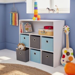 Meuble de rangement pour enfant. blanc - Camille - avec 7 compartiments et 6 paniers gris et bleus