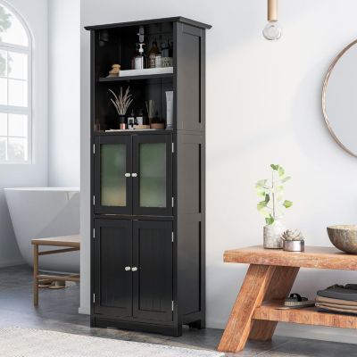 Meuble de Rangement pour Salle de Bain avec 3 Parties,6 Niveaux ,2 Étagères et 2 Compartiments,Portes en Verre et Poignées(Noir)