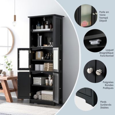 Meuble de Rangement pour Salle de Bain avec 3 Parties,6 Niveaux ,2 Étagères et 2 Compartiments,Portes en Verre et Poignées(Noir)