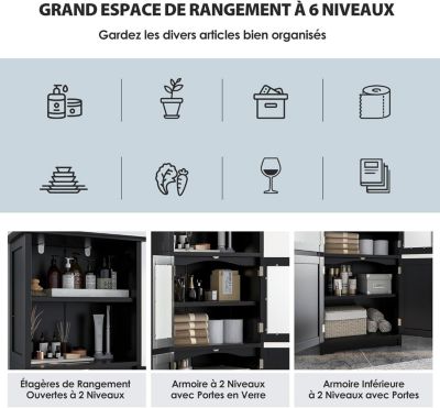 Meuble de Rangement pour Salle de Bain avec 3 Parties,6 Niveaux ,2 Étagères et 2 Compartiments,Portes en Verre et Poignées(Noir)