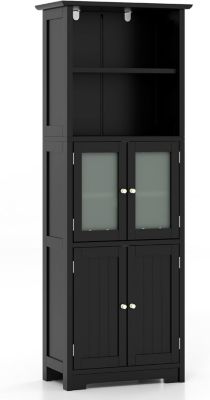 Meuble de Rangement pour Salle de Bain avec 3 Parties,6 Niveaux ,2 Étagères et 2 Compartiments,Portes en Verre et Poignées(Noir)