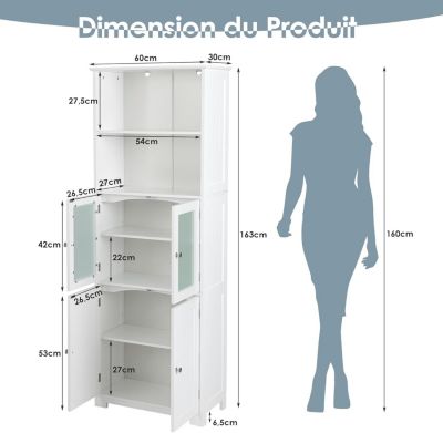 Meuble de Rangement pour Salle de Bain avec 3 Parties, Rangement 6 Niveaux avec 2 étagères Ouvertes et 2 Compartiments, Blanc