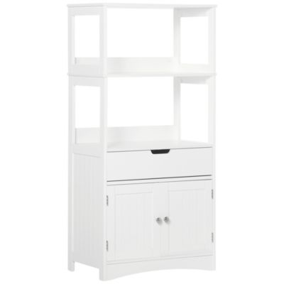 Meuble de rangement salle de bain - 2 portes, tiroir, 3 étagères - dim. 60L x 33l x 122H cm - MDF blanc