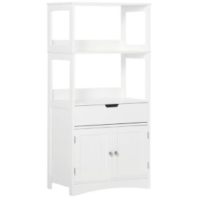 Meuble de rangement salle de bain - 2 portes, tiroir, 3 étagères - dim. 60L x 33l x 122H cm - MDF blanc
