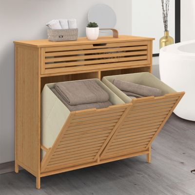 Meuble de rangement salle de bain bambou BEA 2 paniers à linge amovibles 1 tiroir tissu écru