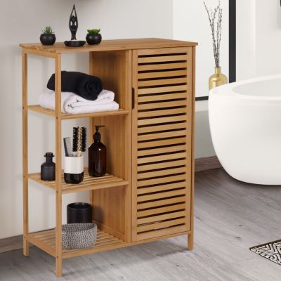 Meuble de rangement salle de bain bambou BEA 3 étagères avec placard