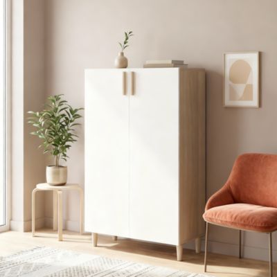 Meuble de rangement sur pieds portes battantes effet chêne et blanc GoodHome Atomia H. 123,5 x L. 75 x P. 37 cm