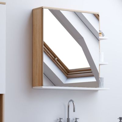 Meuble de rangement suspendu avec miroir et étagères pour salle de bain TOMI façon hêtre et blanc