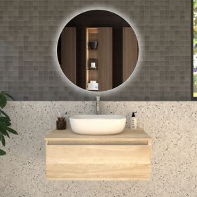 Meuble de salle de bain 1 tiroir avec vasque à poser arrondie PENA et miroir Led SOLEN - Bambou (chêne clair) - 80cm