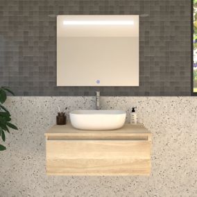 Meuble de salle de bain 1 tiroir avec vasque à poser arrondie PENA et miroir Led STAM - Bambou (chêne clair) - 80cm