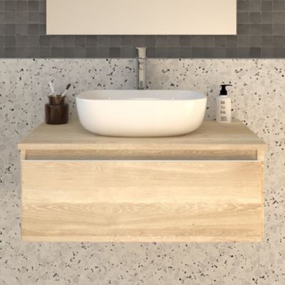 Meuble de salle de bain 1 tiroir avec vasque à poser arrondie sans miroir PENA - Bambou (chêne clair) - 80cm