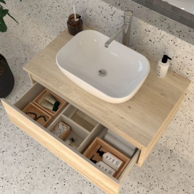 Meuble de salle de bain 1 tiroir avec vasque à poser arrondie sans miroir PENA - Bambou (chêne clair) - 80cm