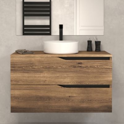 Meuble de salle de bain 100 avec plateau et vasque à poser - sans miroir - 2 tiroirs - tabaco (bois foncé) - LUNA