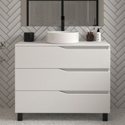 Meuble de salle de bain 100 avec plateau et vasque à poser - sans miroir - 3 tiroirs - blanc - MATA