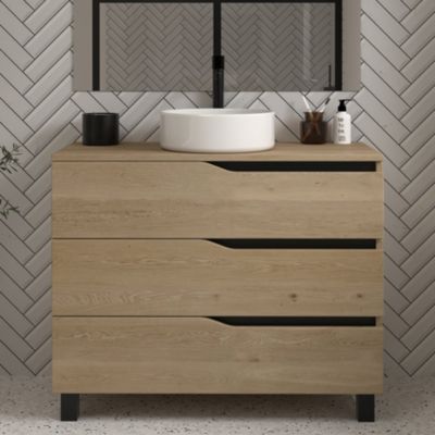 Meuble de salle de bain 100 avec plateau et vasque à poser - sans miroir - 3 tiroirs - madera miel (bois clair) - MATA