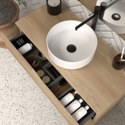 Meuble de salle de bain 100 avec plateau et vasque à poser - sans miroir - 3 tiroirs - madera miel (bois clair) - MATA