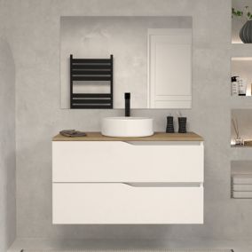 Meuble de salle de bain 100 avec plateau miel et vasque à poser - 2 tiroirs - blanc - LUNA