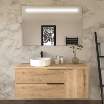 Meuble de salle de bain 100 cm avec vasque à poser ronde - 2 tiroirs - KING et miroir Led STAM