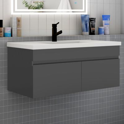 Meuble Salle De Bain Anthracite Avec Lavabo - Armoire De Rangement Suspendue
