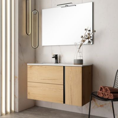 Meuble de salle de bain 100 cm vasque déportée - 2 tiroirs - PRADO - roble (chêne clair)