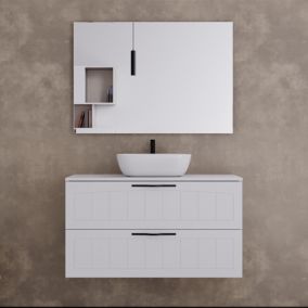 Meuble de salle de bain 100cm avec plateau et vasque à poser ovale - 2 tiroirs - blanc - PIA