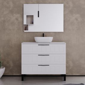 Meuble de salle de bain 100cm avec plateau et vasque à poser ovale - 3 tiroirs - blanc - CALA