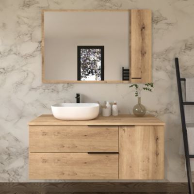 Meuble de salle de bain 100cm avec vasque à poser arrondie - 2 tiroirs - miroir avec armoirette - roble (chêne clair) - KING