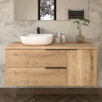 Meuble de salle de bain 100cm avec vasque à poser arrondie - 2 tiroirs - miroir avec armoirette - roble (chêne clair) - KING